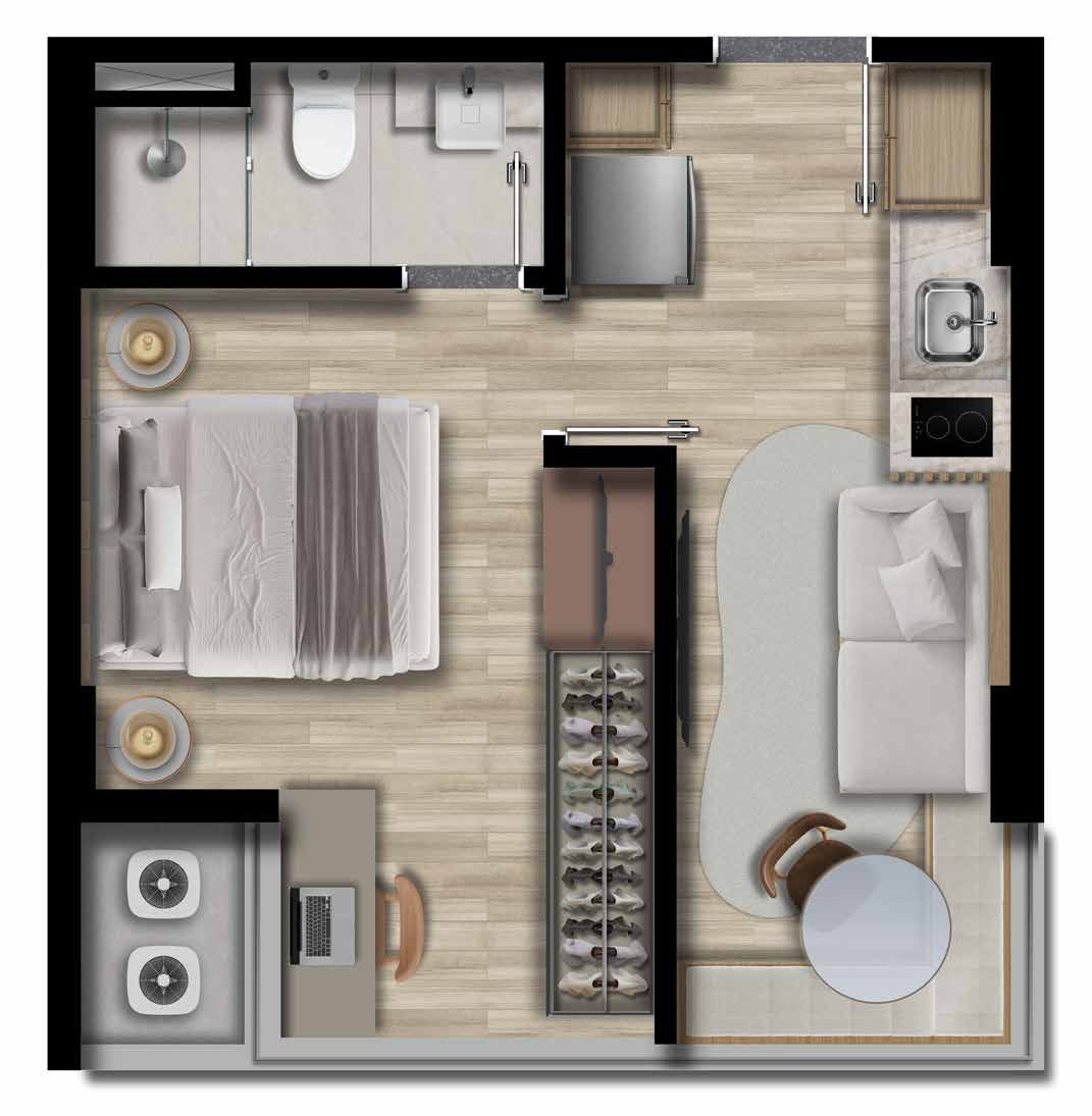 Planta tipo Quarto e sala com varanda - 28,91 m2