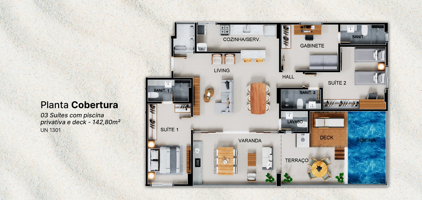 Planta tipo Cobertura 2 suites - 130,60 m2