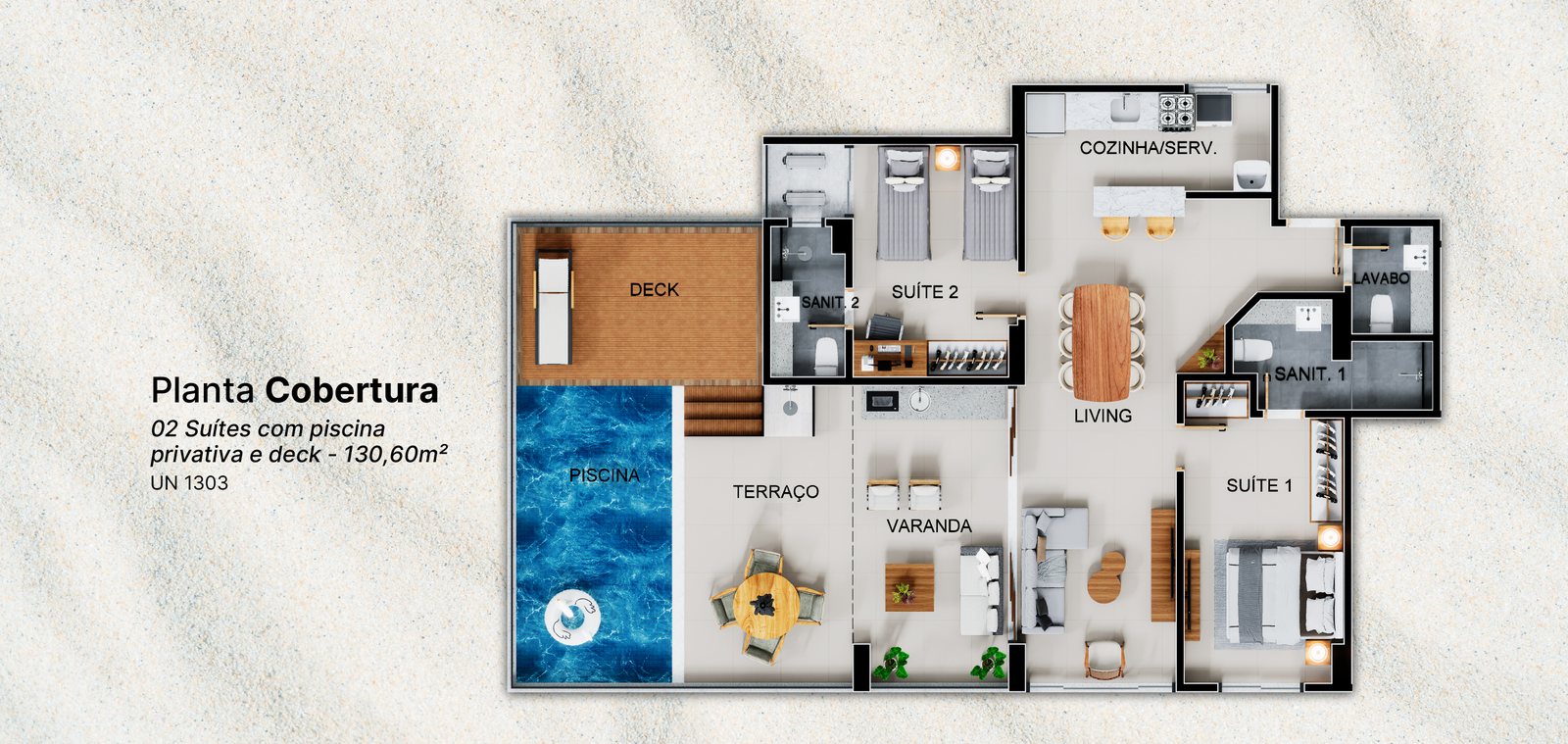 Planta tipo Cobertura 3 suites - 142,80 m2