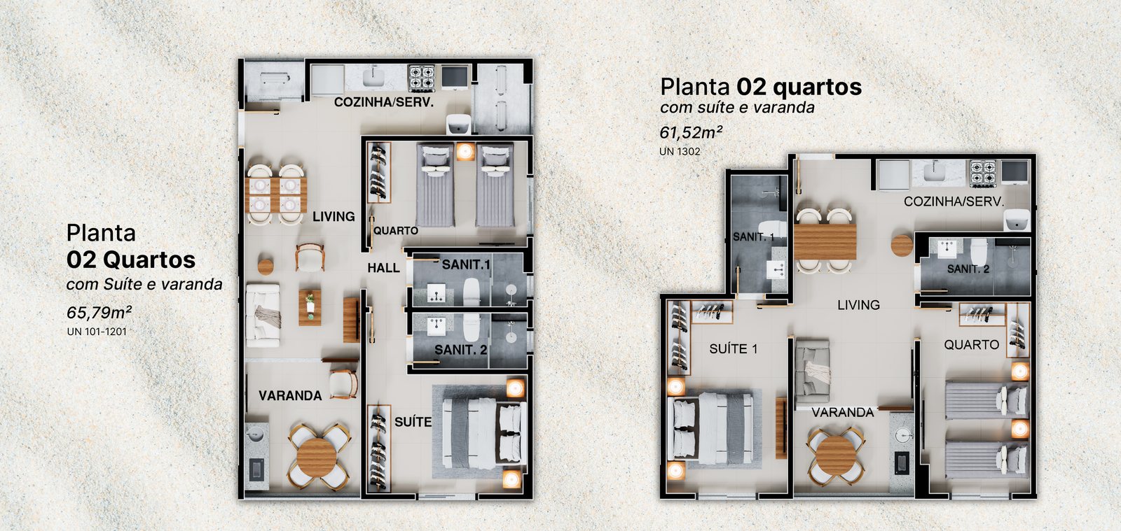 Planta tipo 2 quartos com suite - 61,52 m2